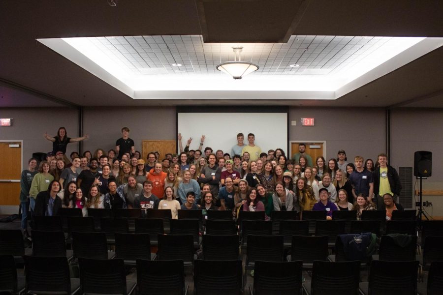 Members of RUF gather for a group photo after finishing their weekly meeting in the Grandfather Ballroom of Plemmons Student Union. 