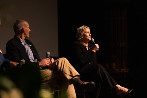 Baker Perry and Jill Tiefenthaler (right) speak during the Q&A portion of the address. 