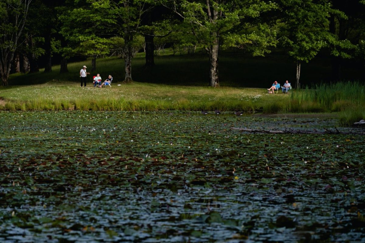 : Patrons relax along the park benches as they look out upon the lake. July 21, 2023. 