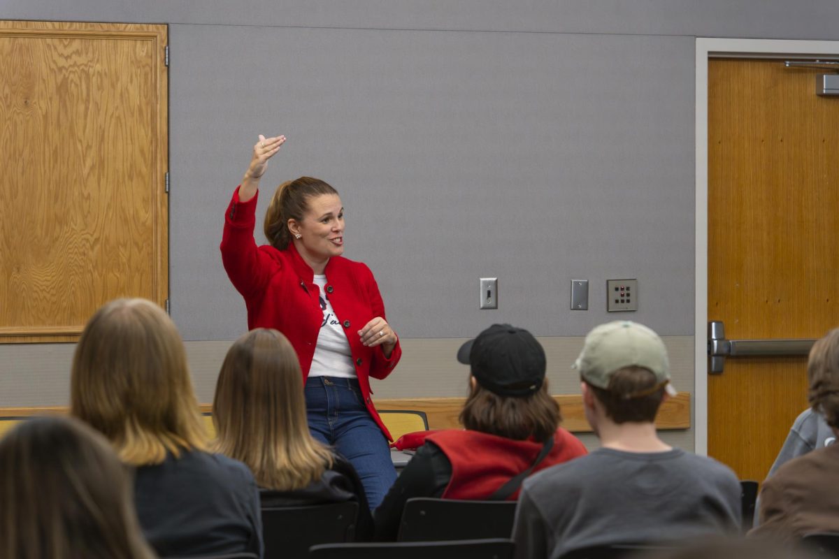 Allison Riggs talking passionately about her stance on the North Carolina Supreme Court to future law students of Appalachian State. Oct. 23, 2023. 
