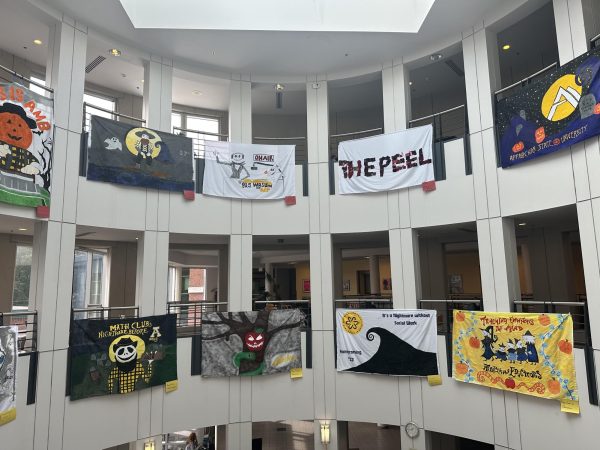 Homecoming banners hanging in Plemmons Student Union were made by different student clubs and organizations.