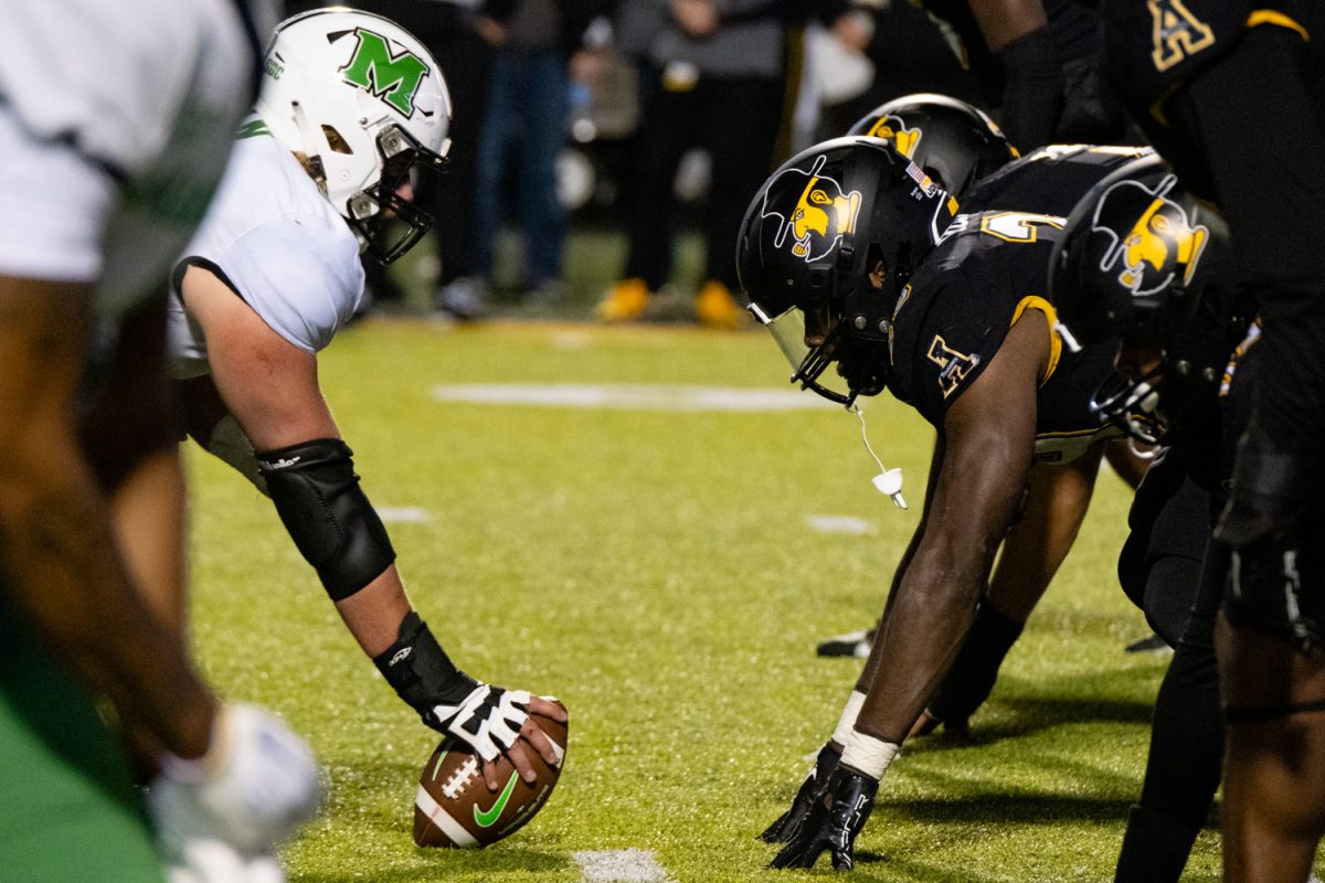 App State defensive lineman matchup along the line of scrimmage against Marshall Nov. 4. The Mountaineer defense registered three total turnovers on the night.