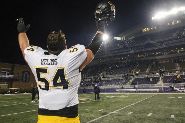 Senior offensive lineman Isaiah Helms thaks App State fans after the Mountaineers defeated undefeated No. 18 James Madison Nov. 18. It marks the second consecutive season with a ranked road win.