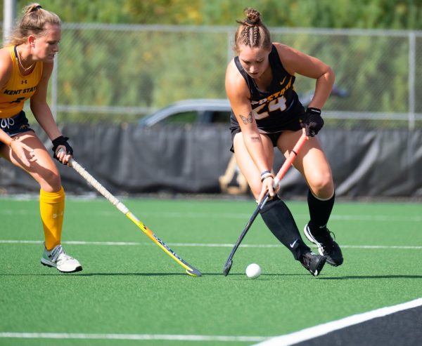 Freshman midfielder Sophia Baxter battles a Kent State player for possession Oct. 6. Baxter earned All-MAC second team honors and made the All-MAC freshman team. 
