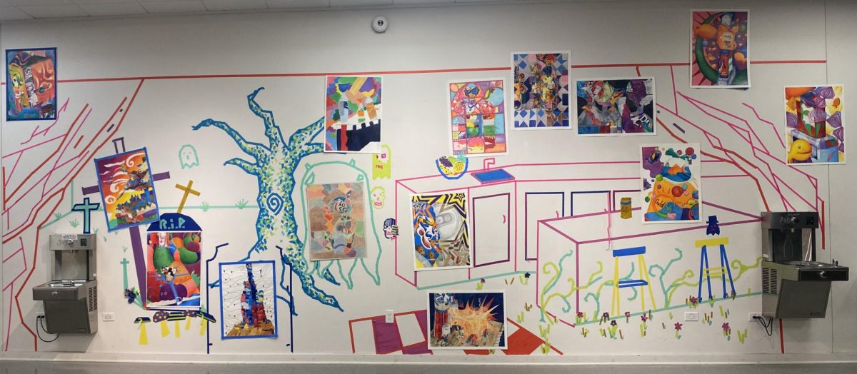 A multi-media mural made to create the illusion of space - one point and two-point linear perspective excersice through color drawings and a tape-based collabrative instillation. The mural was created by Professor Hui Chi Lees Foundations Drawing class, Section 107. Nov. 6, 2023. 