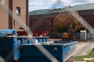 Wey Hall early on in construction with dumpsters of rubble being removed from the building on Oct. 8 2023. Classes were canceled Thursday in Wey Hall to address safety concerns. 