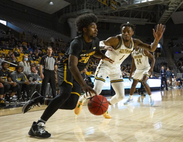 Former App State guard Adrian Delph drives baseline against Georgia Southern Feb. 10, 2022. Delph averaged 17.7 points per game in his last season for the Mountaineers.