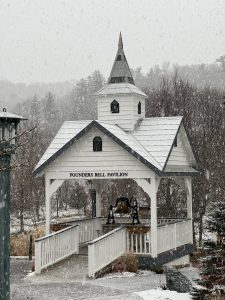 The Founders Bell Pavilion sits amongst the first week of snowfall during the spring semester Jan. 15, 2024. The Pavilion was constructed in July 2019 and resembles the roofline of Watauga Academy, which would turn into App State in 1899.