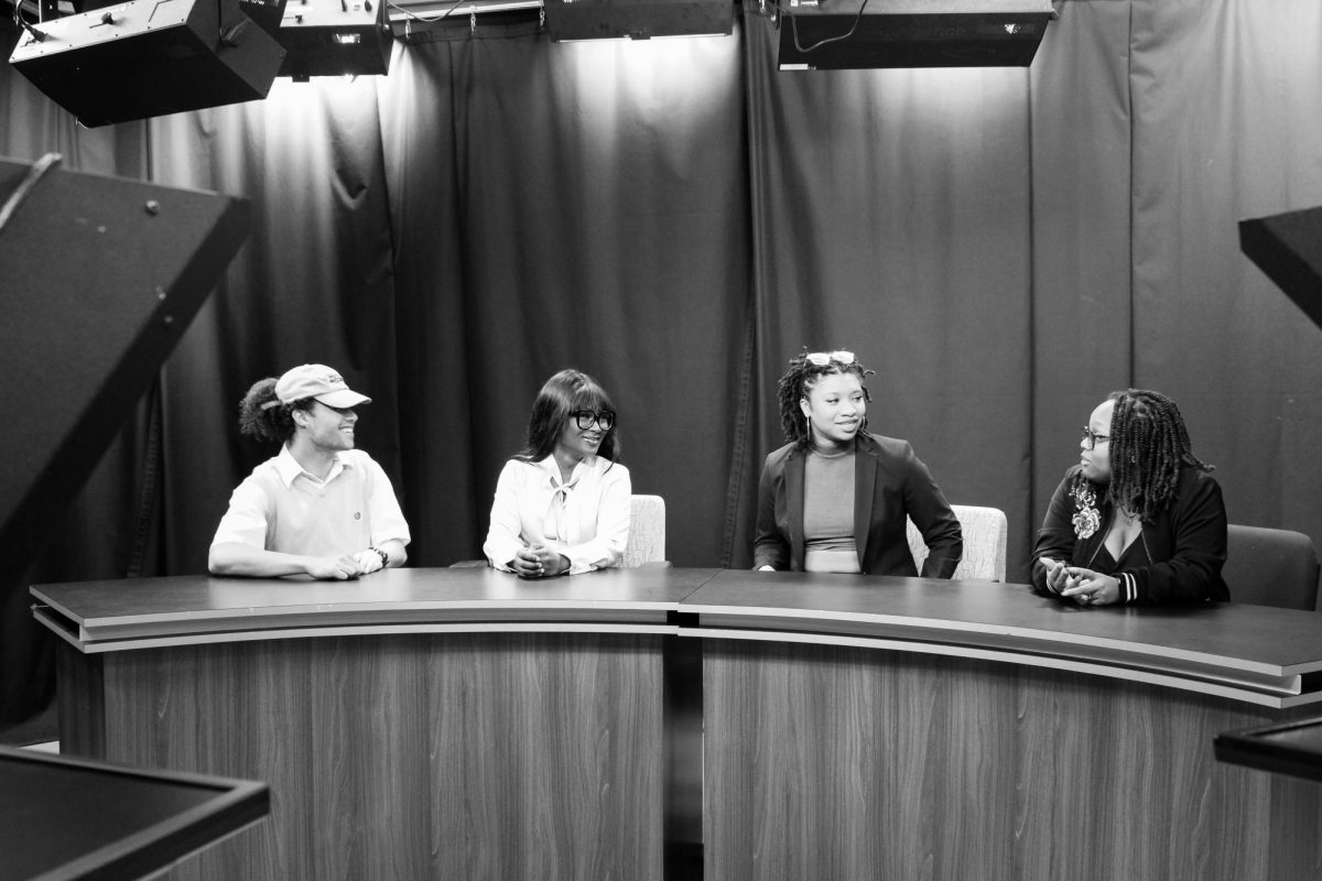 From left to right, Alec Woods, Lennie Vaillant, Tessa Cokley and Raya Aughtry take their seats in the studio to film the show Black At App at Beasley Media Complex on Feb. 7, 2024.