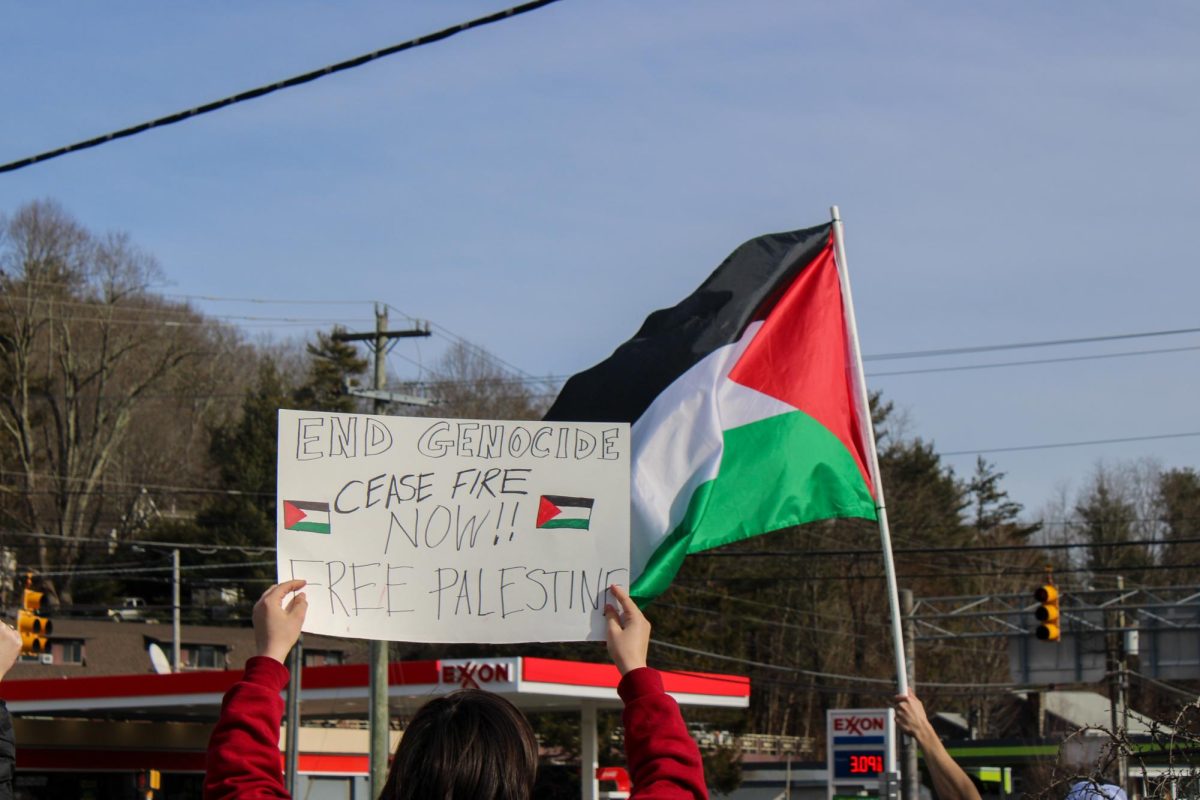 Protesters meet at the corner of 321 and 105 on Blowing Rock to express their support for Palestine on Feb. 2, 2024. One protester waves a Palestinian flag while others hold up signs. 