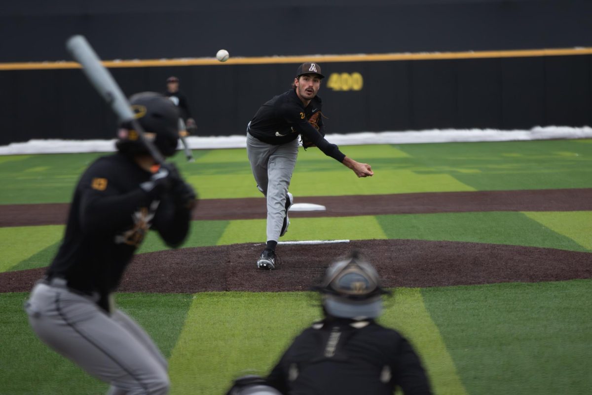 Sophomore pitcher Everette Harris throws a curveball in a baserunning drill  Jan. 31. App State is looking to improve on last year’s winning record of 30-25.