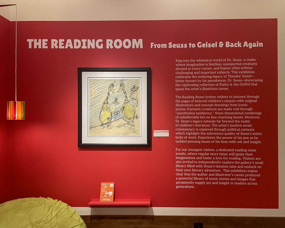Attwell Gallery in the Blowing Rock Art and History Museum now adorns a red accent wall telling the story of Jim and Kathy Griffel’s collection of Dr. Seuss’ pieces. Seuss’ famous Sneetches are sketched out for viewers to see the artistic process on March 23. 