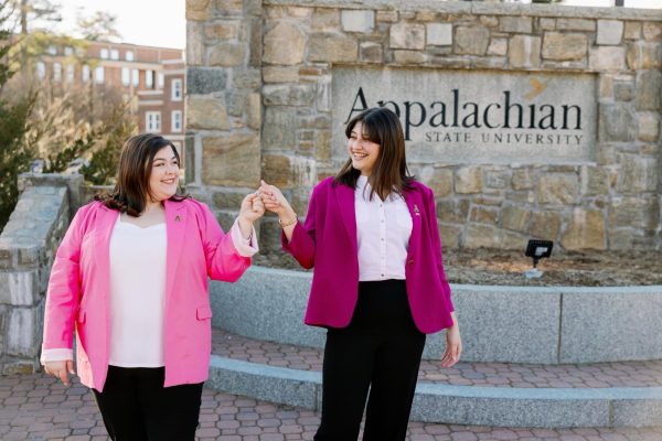 SGA Student Body President Kathryn Long and Vice President Amarah Din, stand in Founders Plaza, the App State university sign behind them. The pair will serve as the first female SGA student body president and vice president since the 2011-12 term.