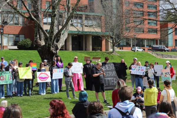 Students organize on Sanford Mall for the Save Our Voices Rally on March 3. Onlookers listen as LGBTQ+ students share their stories, experiences and frustrations with recent changes in university policy.
