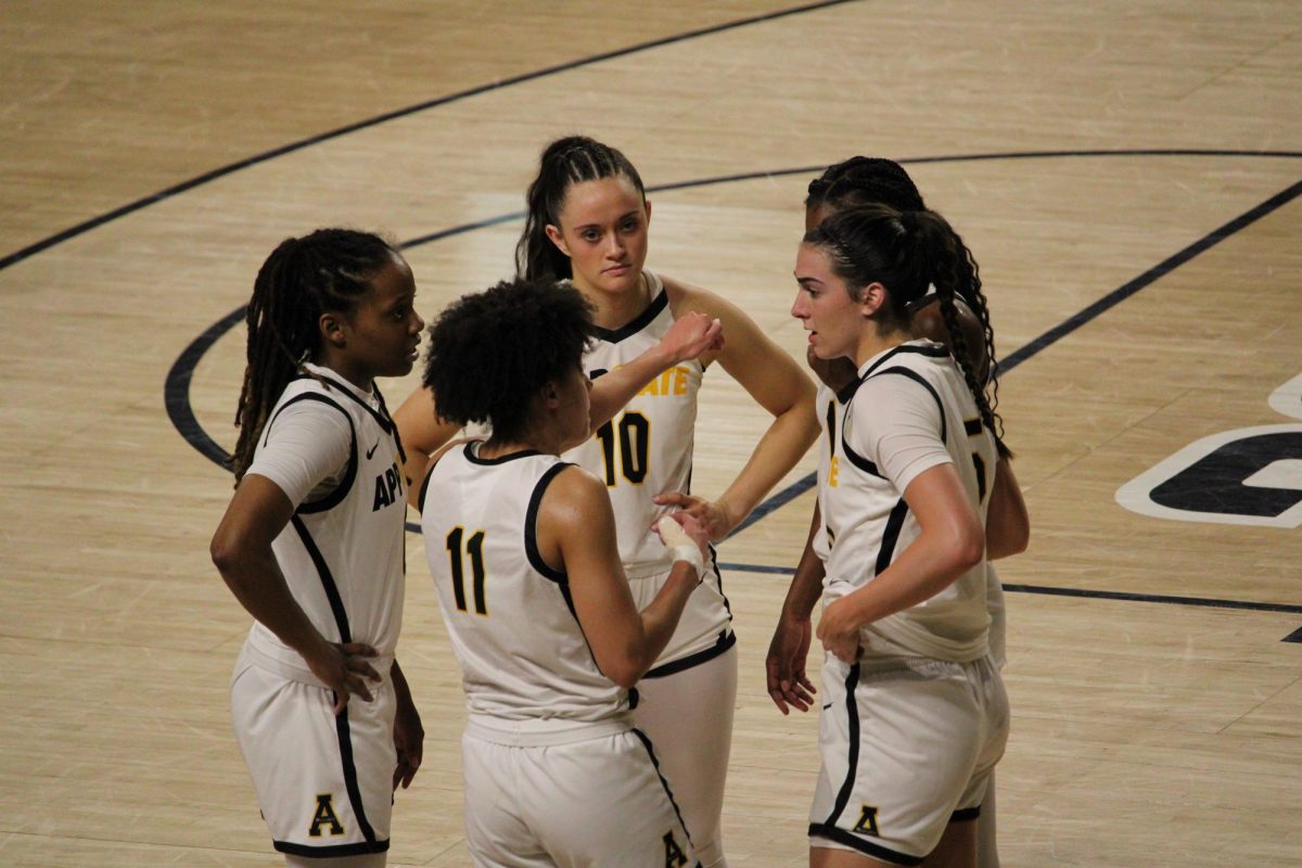 App+State+players+huddle+up+during+a+timeout+against+James+Madison+Feb.+24.+Alaura+Sharp+was+announced+as+the+next+head+womens+basketball+coach+Friday.