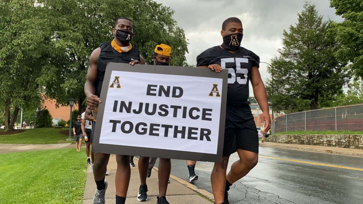 App State football leads peaceful protest through Boone in August 2020. 