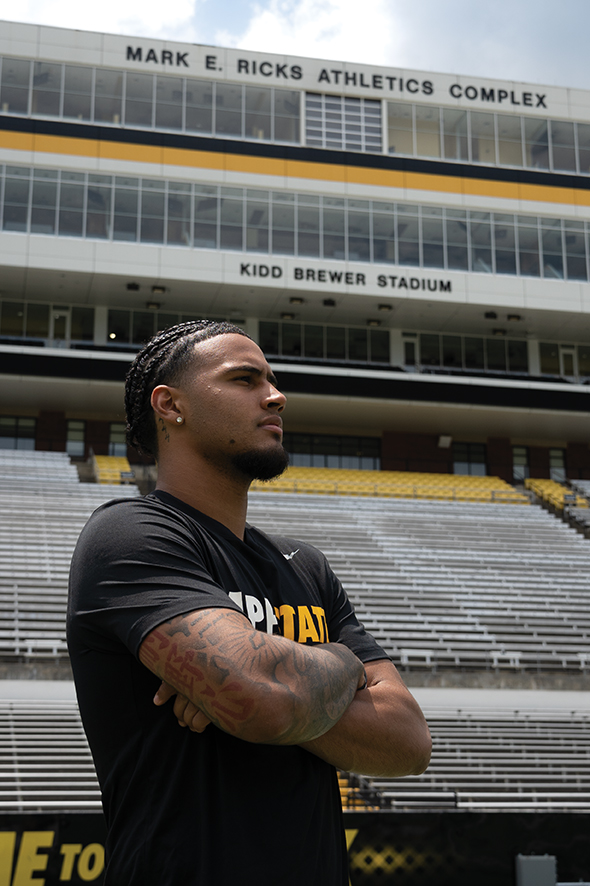 Senior wide receiver Kaedin Robinson looking over Kidd Brewer Stadium on July 18. In the 2023 season, Robinson played 14 games and scored 10 touchdowns, one being in overtime against James Madison University.