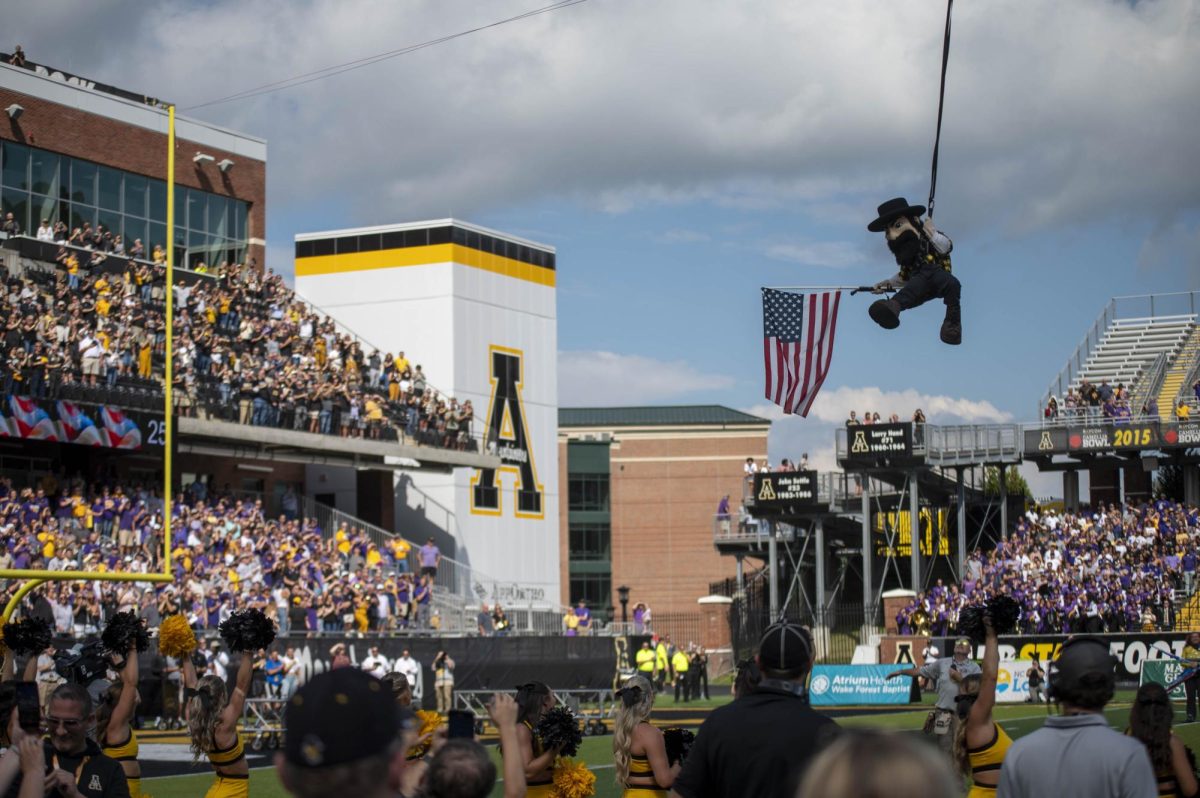 Yosef swings over Kidd Brewer Stadium before the App State vs. ECU game on Sept. 16, 2023. Many fans fill the stadium to watch the Mountaineers take on the Pirates.