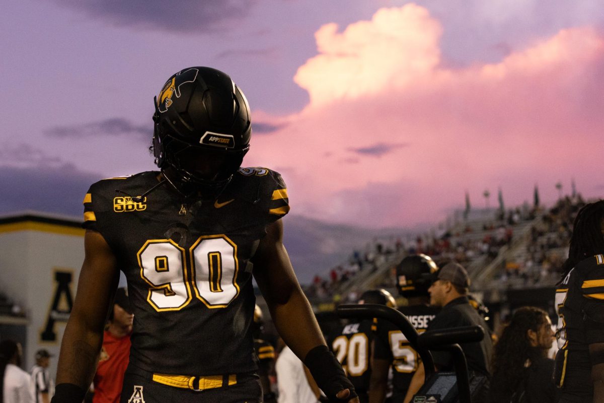 Sophomore outside linebacker Nate Johnson warming up pre-game against South Alabama at Kidd Brewer Stadium on Sept. 19. In 2023 Johnson was tied for No. 1 nationally in sacks among true freshmen.