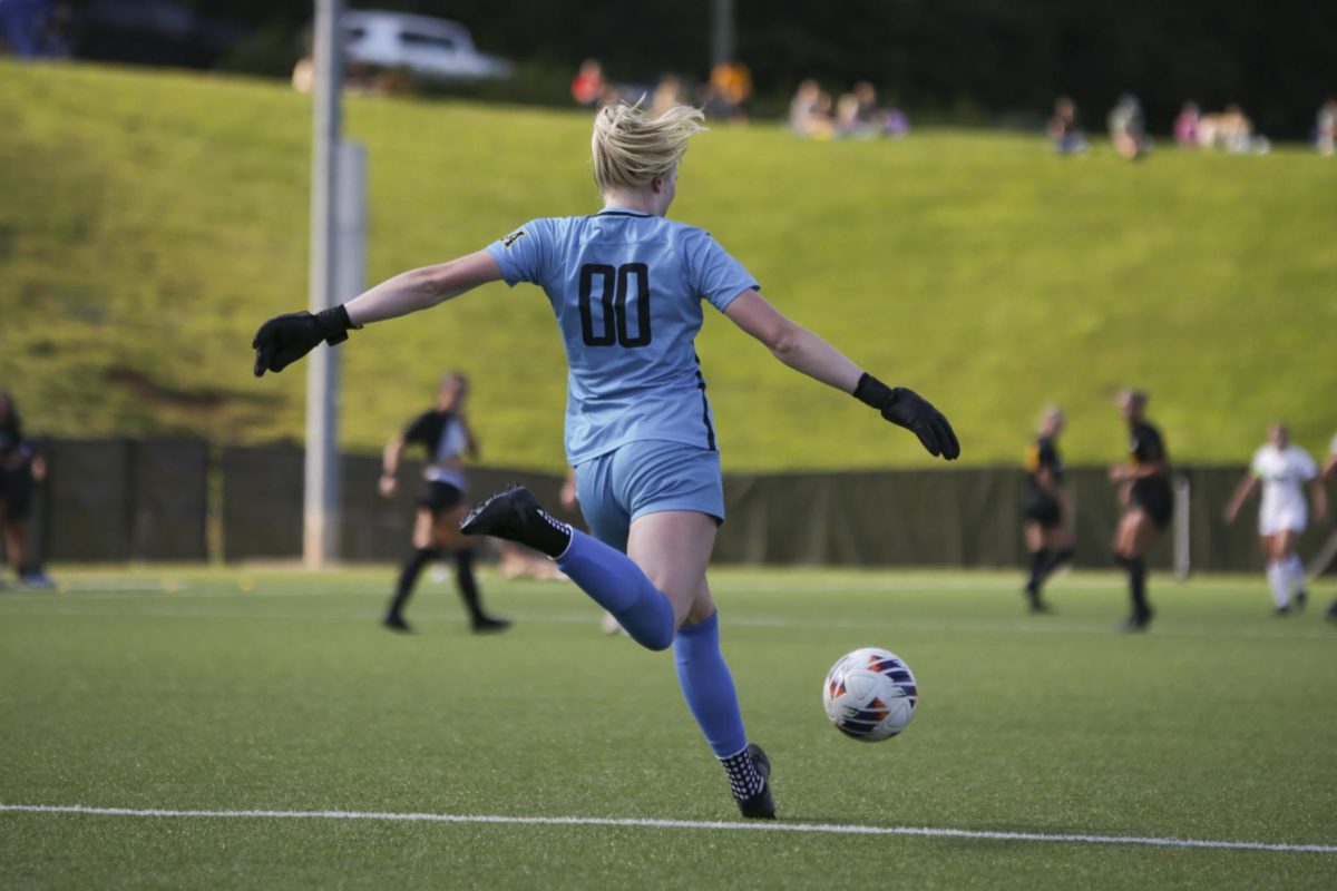 Goalie Sarah Wommack kicks the ball to her teammates at the App State vs. UNCC game on Aug. 25. This is Wommack's second year with App State women’s soccer.