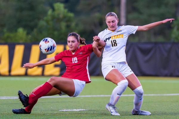 Midfielder Olivia Simon fights for the ball against a Radford player at App State vs. Radford game on Sept. 5.