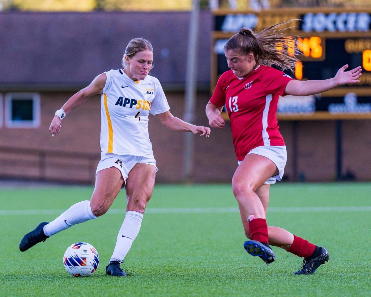 Forward Izzi Wood defends the ball from a Radford player at the App State vs. Radford game on Sept. 5. Wood scored two goals during the game. 