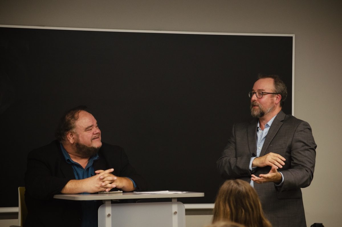 From left, Author Wilton Barnhardt and writer Zachary Vernon answer students’ questions about their work at Truman Capote’s 100th birthday celebration in Sanford Hall on Sept. 17.