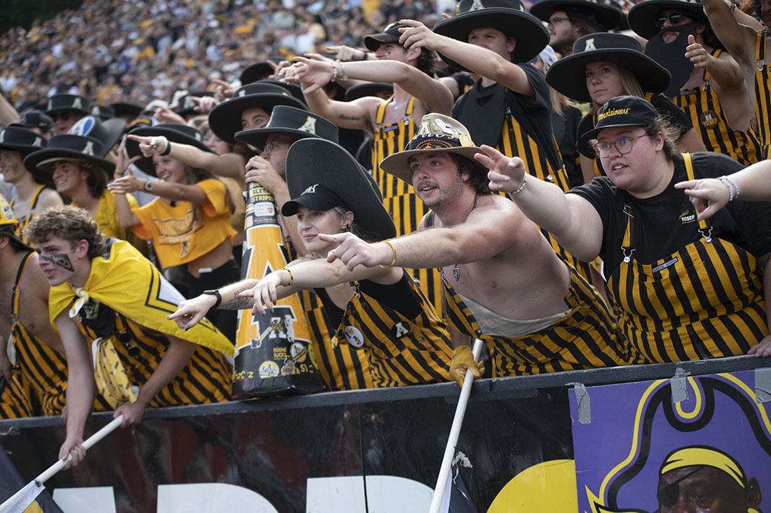 App State fans celebrate a third down against ECU on Sept. 16, 2023. Student Yosef Club members receive 20% off at Alumni Hall.