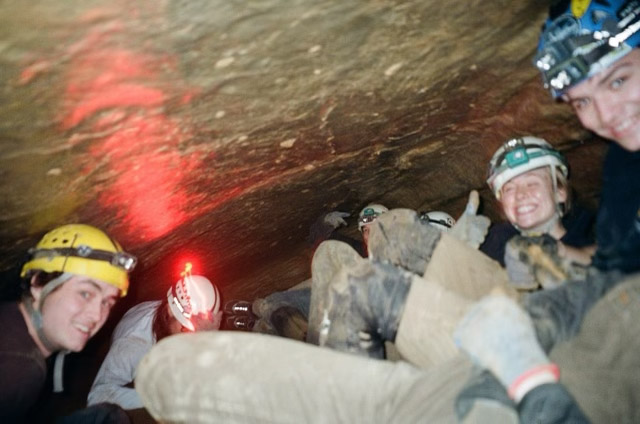 Sydney Hudson and other trip staff explore Worley’s Cave in Bluff City, TN, in February 2024. Hudson is a junior at App State and works as a trip leader and wilderness emergency medical technician for the App State Outdoor Programs. (Courtesy of Sydney Hudson)