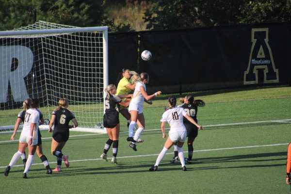 Forward Izzi Wood heads the ball while attempting to score a goal against the Wofford goalie at the Appalachian Soccer Stadium on Aug. 22. Wood had four shots on goal during the App State vs. Wofford game.