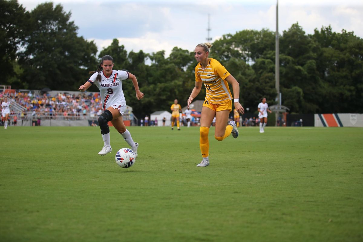 Forward Kyli Switalski races to the ball against an opposing player from Auburn on Sept. 1. Before coming to App State, Switalski won the Golden Boot Award in the Triad Cup.