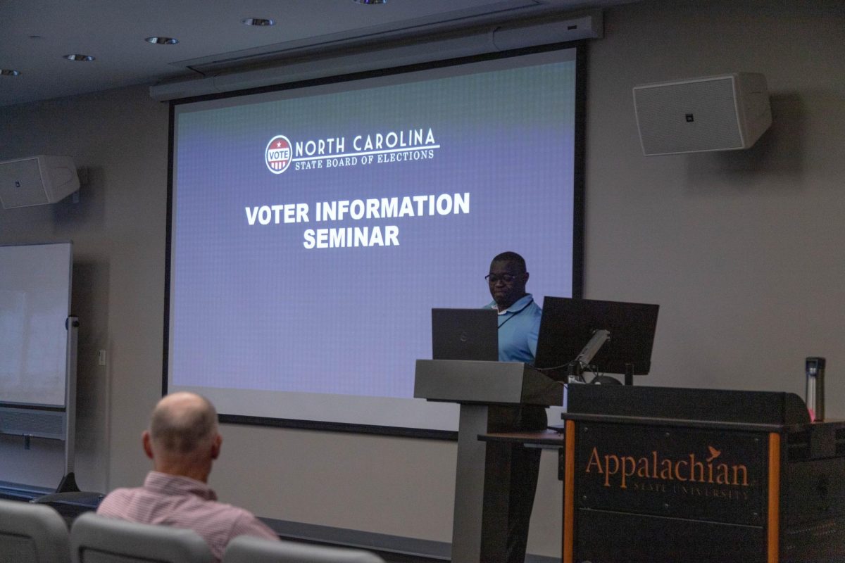 Nelson Masinde gives an informational seminar on ID requirements for voting at Belk Library on Sept. 11. Masinde is a training specialist and is part of the North Carolina State Board of Elections.
