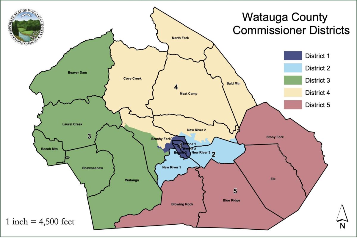 A map of the districts for the Watauga County Board of Commissioners in 2024. A 2023 bill required voters to live in the district where they vote for commissioner. 