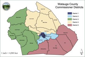 A map of the districts for the Watauga County Board of Commissioners in 2024. A 2023 bill required voters to live in the district where they vote for commissioner. 