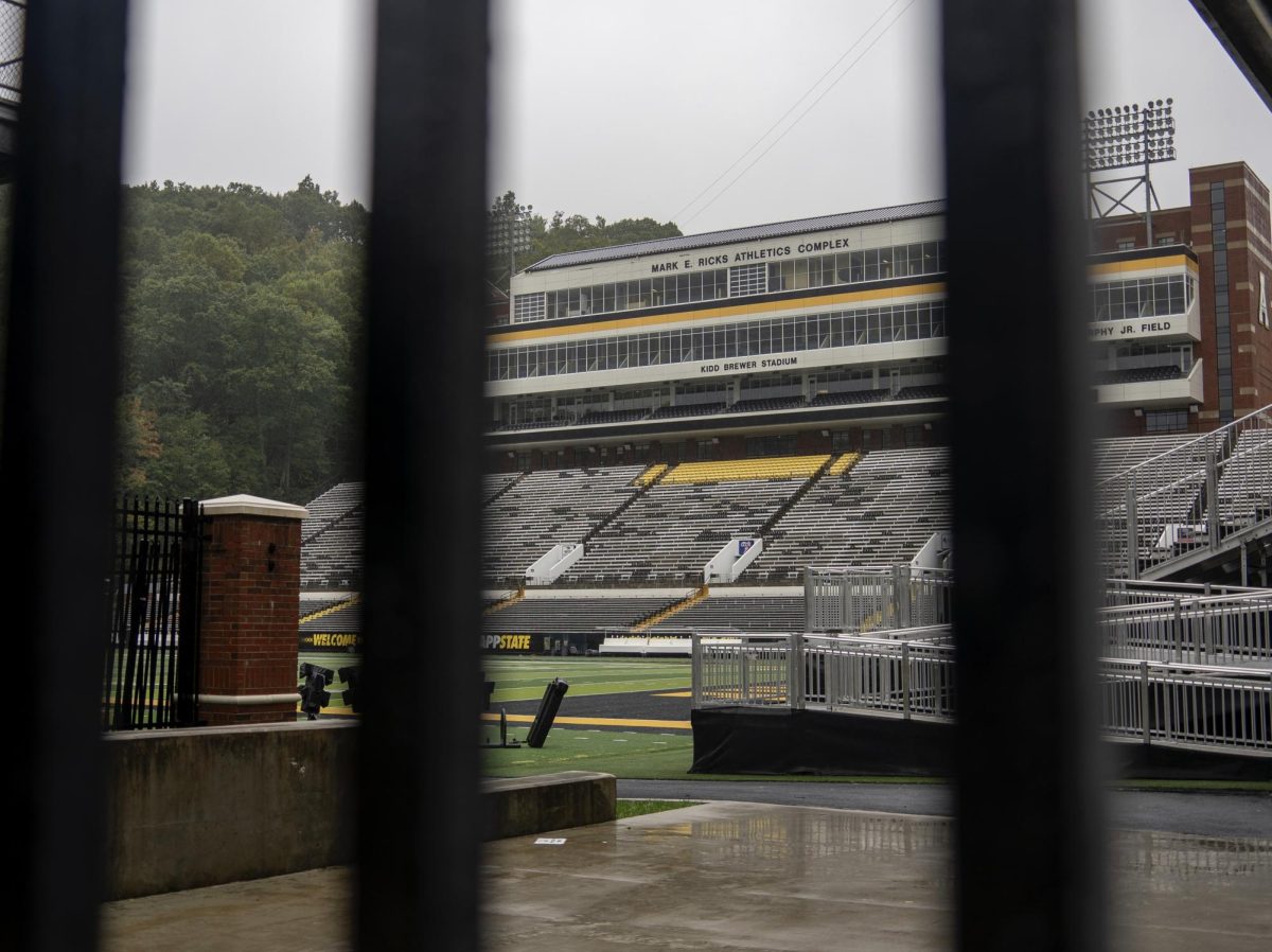 Kidd Brewer Stadium through the gates of the Broyhill Entrance Plaza during Hurricane Helene on Sept. 27.