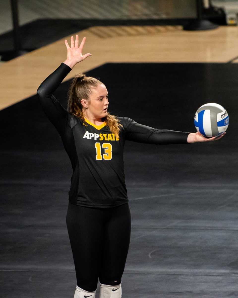 Right-side hitter Elise Marchal serves the ball during the third set against Georgia Southern on Oct. 18.