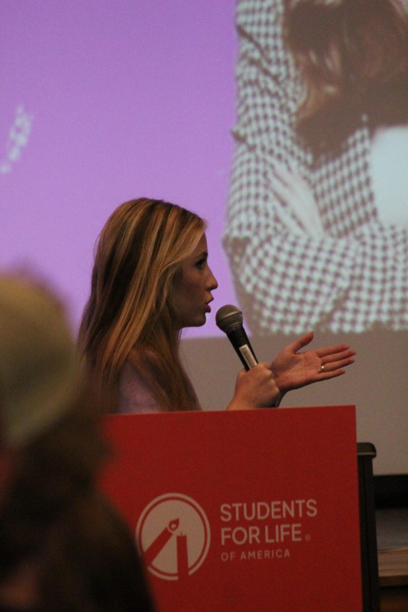 Lydia Taylor Davis debates with students during her program “Abortion is Violence” at IG Greer Hall on Oct. 29.