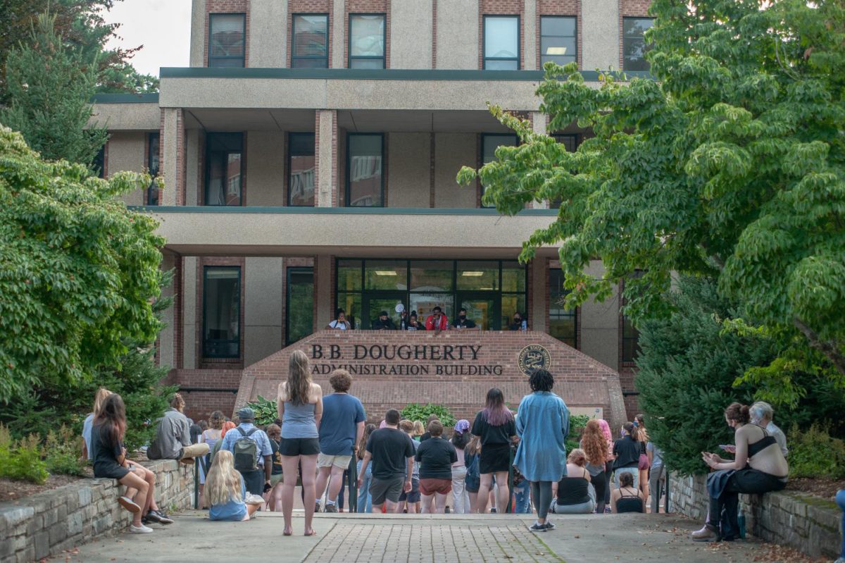 Students stand outside BB Dougherty Administration Building, where protesters were issued warnings of arrests and citations for refusing to leave the interior of the building after 5 p.m. on Aug. 31, 2020. 