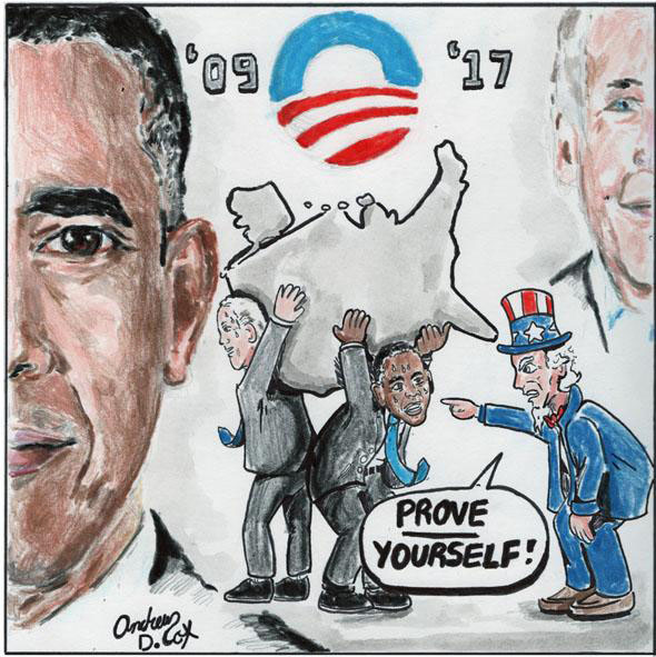 A political cartoon about former president Barack Obama’s presidency from a November 2012 edition.