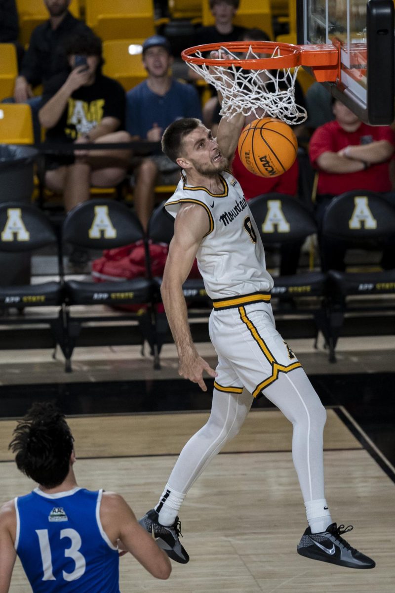 Jackson Threadgill dunks against St. Andrews on Nov. 6. Prior to App State, Threadgill had 73 career starts at UNC-Charlotte.