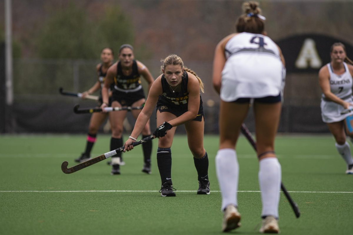 Forward Henriette Stegen faces off with a Queens player during the App State vs. Queens game on Nov. 1.