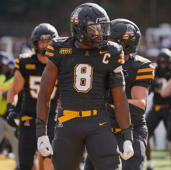 Linebacker Brendan Harrington celebrates after a first-quarter fumble recovery against Old Dominion on Nov. 2. Harrington recorded a season-high nine tackles against the Monarchs.