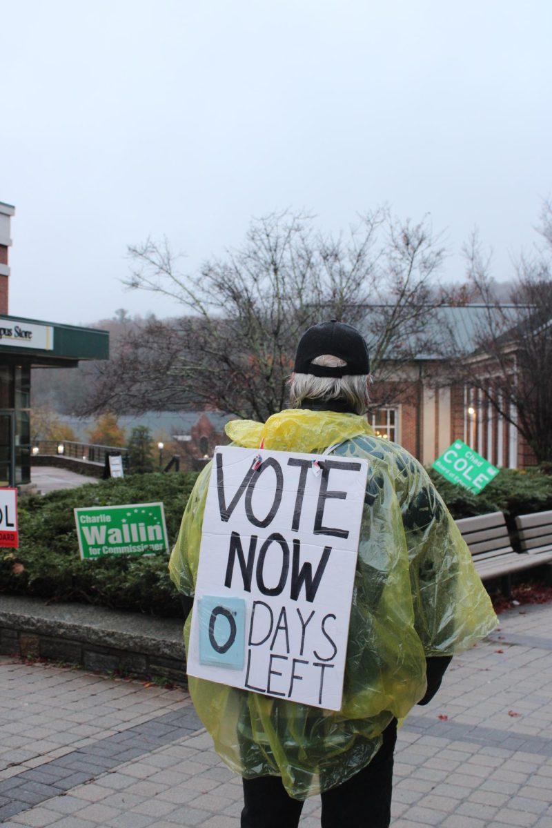 Brian Juneau stands between Plemmons Student Union and Belk Library on Nov. 5, wearing a sign that reads “Vote Now 0 Days Left” on his back.