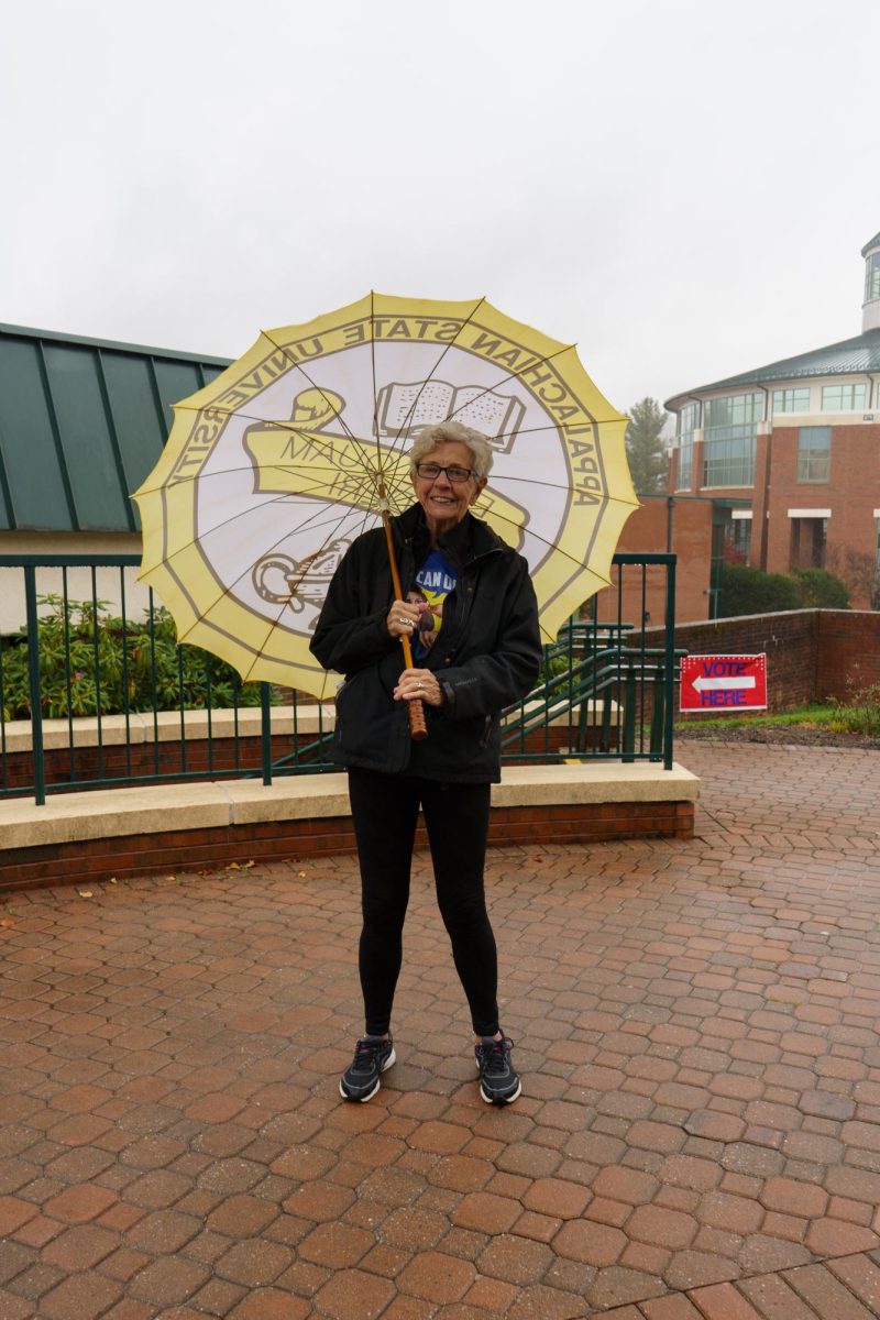 Barbara Daye encourages students to vote while wearing a Kamala Harris shirt outside of Plemmons Student Union on Nov. 5.