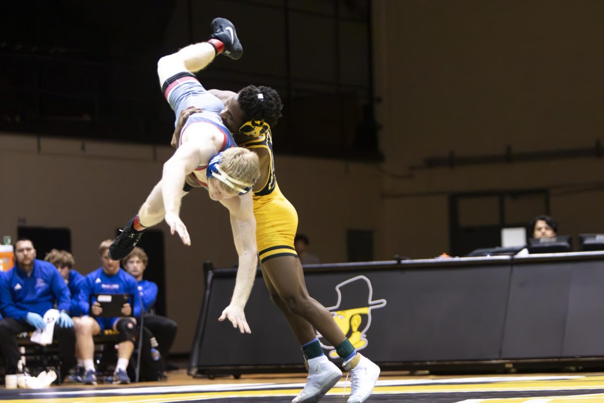 Redshirt sophomore 125-pound Colby McBride takes down an opponent from Presbyterian College on Jan. 27. In the 2023-24 season, McBride went 3-8 overall at 125 pounds.