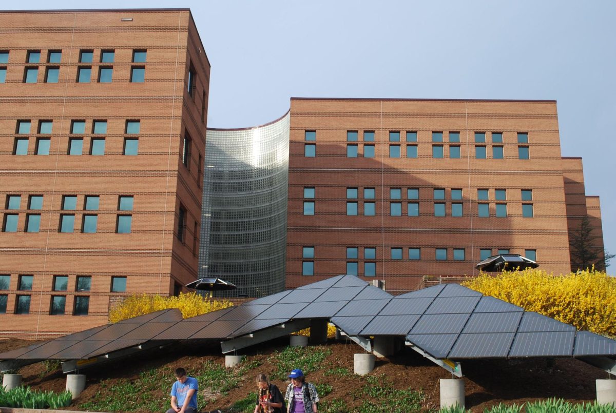 The Raley Photovoltaic Array, built in April 2007, outside of Peacock Hall on April 2. This solar panel display managed to offset over four tons of carbon in its first year. Courtesy of Hannah Armstrong