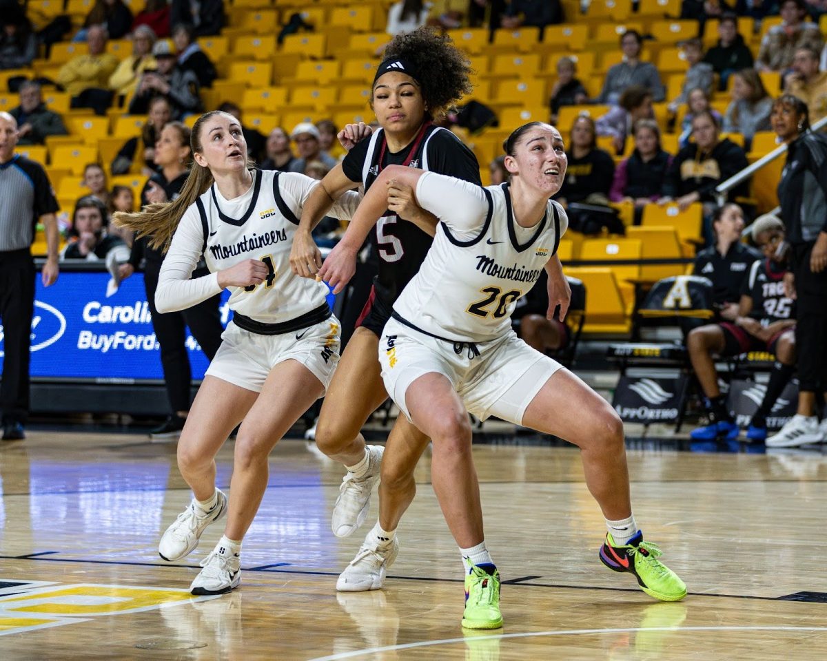 Junior forward Elena Pericic and junior guard Emily Hege box out a defender and look for a rebound against Troy on Jan. 9.