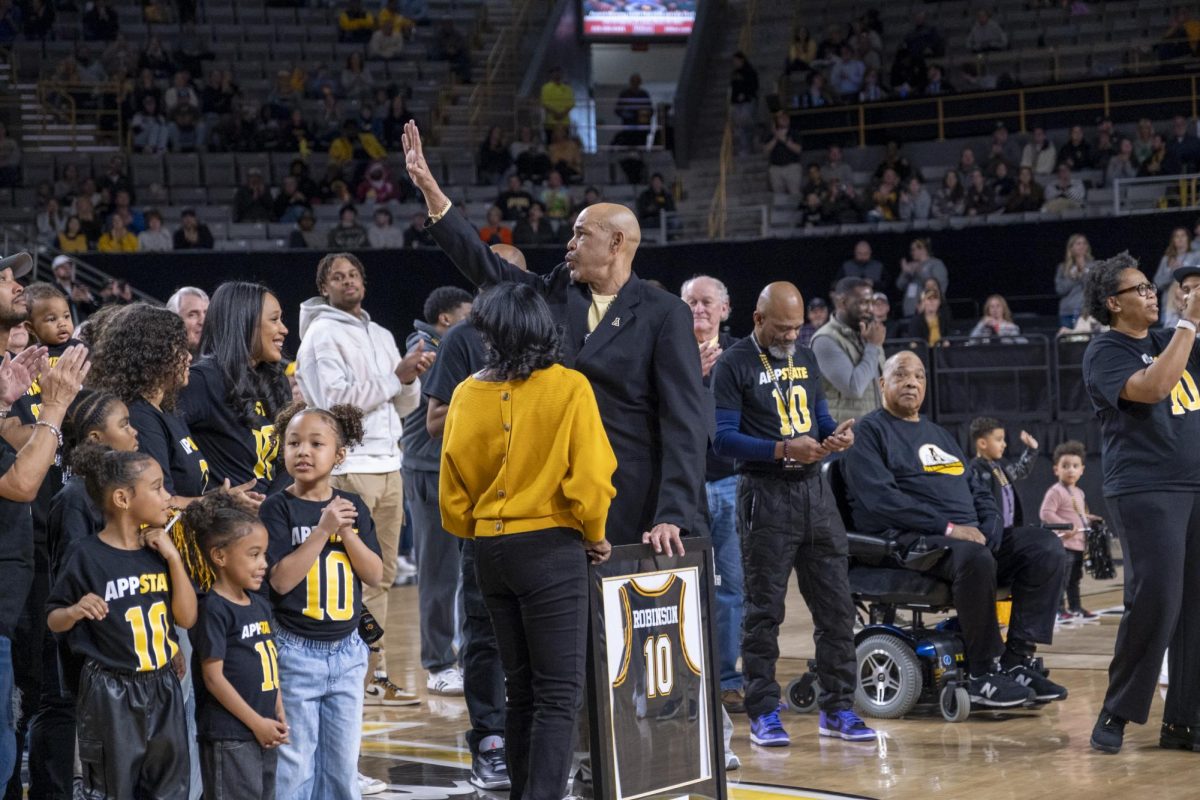 Darryl Robbinson thanks the home crowd after App State Basketball retired his jersey at halftime for the first time in program history on Feb. 22.