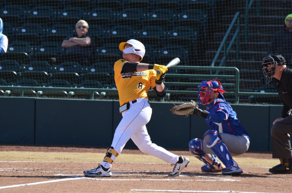 Freshman right fielder Riley Luft took a swing during App State’s game against UMass Lowell on Feb. 23. Luft has a .455 hitting average for the season this far.