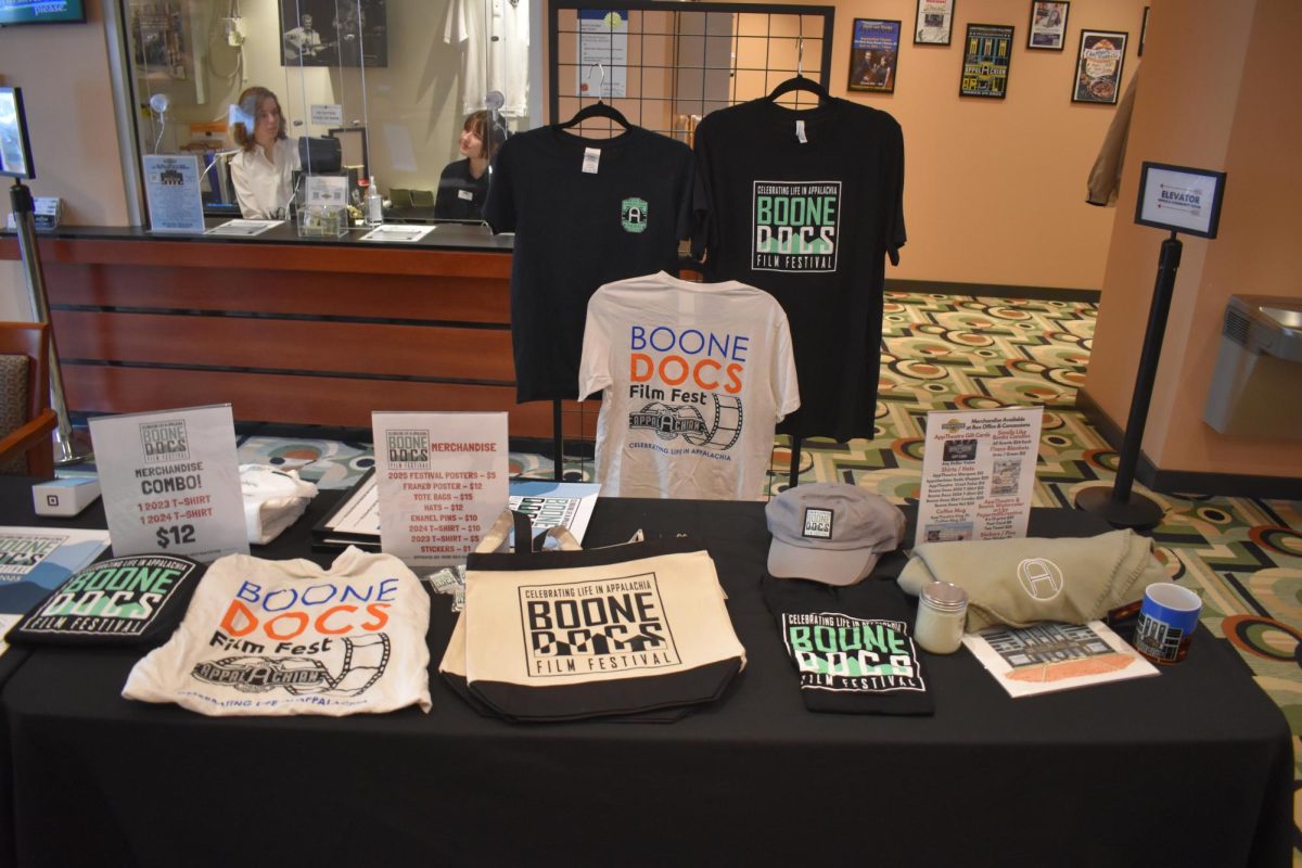 Boone Docs merchandise is displayed for sale inside the Appalachian Theatre of the High Country on Feb. 22